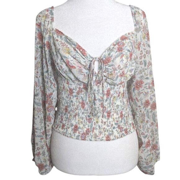 Love Tree Smocked Crop Top Off White Coral Yellow Floral Peasant Blouse M - Picture 2 of 7